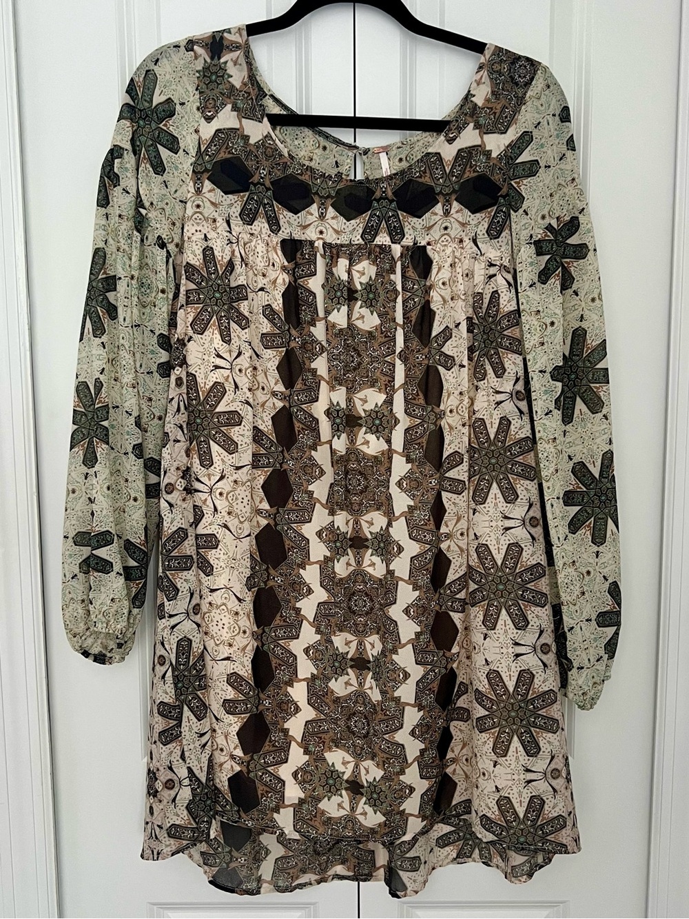 Free People Cream and Brown Printed Long Sleeve Boho Dress